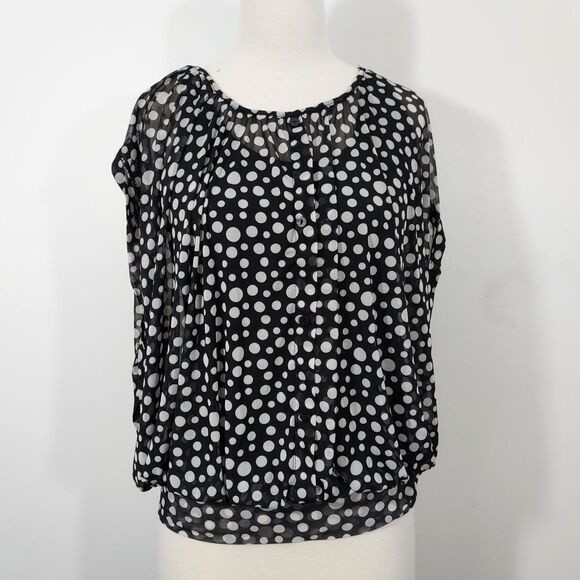French Laundry Women's Shirt Top Size L Black White Polka Dot Polyester Spandex - Picture 2 of 11